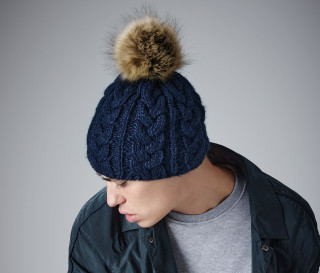 FAUX FUR POP POM CABLE BEANIE